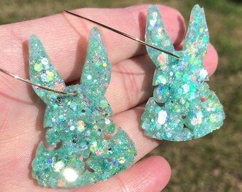 Light Green bunny hoops, Easter jewelry, bunny earrings, spring jewelry, gift for her, glitter earrings, gold hoops