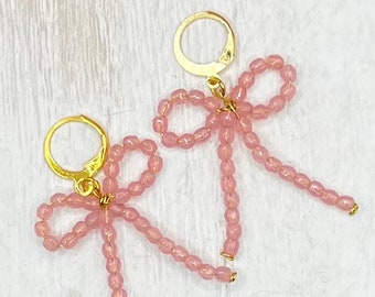 Pink bow earrings, handmade sparkly earrings, beaded bow jewelry, gold earrings, lightweight earrings, gift for her, date night earrings