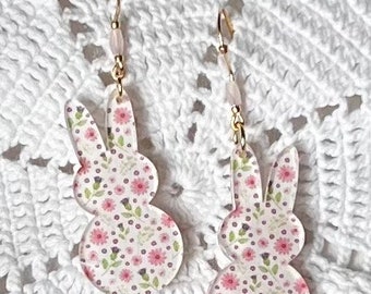 Easter bunny earrings,  Easter earrings, spring earrings, rabbit earrings, green and pink floral bunny earrings, pastel green earrings