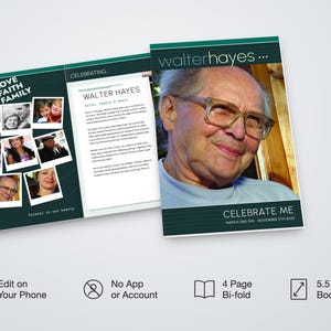 Deep Teal Snapshot Funeral Program Template, 4-Page Memorial Booklet (Digital Download)