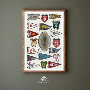 May include: A framed print featuring a football and pennants representing various universities. The pennants are in different colors and designs, with university names and logos. The football is in the center, with "BIG 10" printed on it.