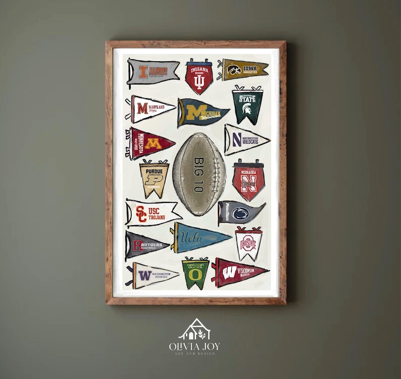May include: A framed print featuring a football and pennants representing various universities. The pennants are in different colors and designs, with university names and logos. The football is in the center, with "BIG 10" printed on it.