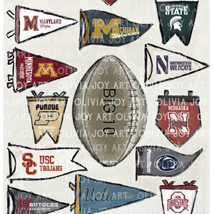 May include: A collection of pennants and a football illustration. The pennants feature various college team logos and mascots, including Illinois, Indiana, Iowa, Maryland, Michigan, and others. The football has "BIG 10" printed on it.