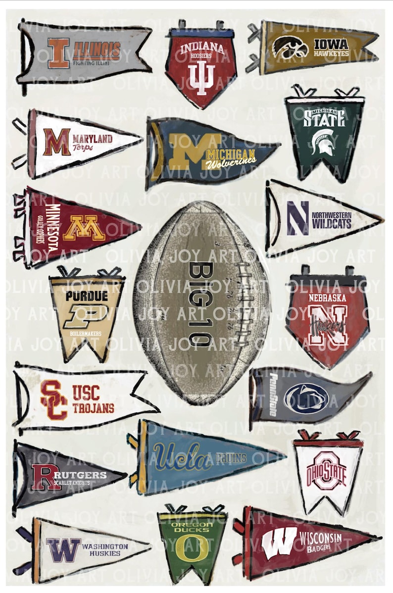 May include: A collection of pennants and a football illustration. The pennants feature various college team logos and mascots, including Illinois, Indiana, Iowa, Maryland, Michigan, and others. The football has "BIG 10" printed on it.