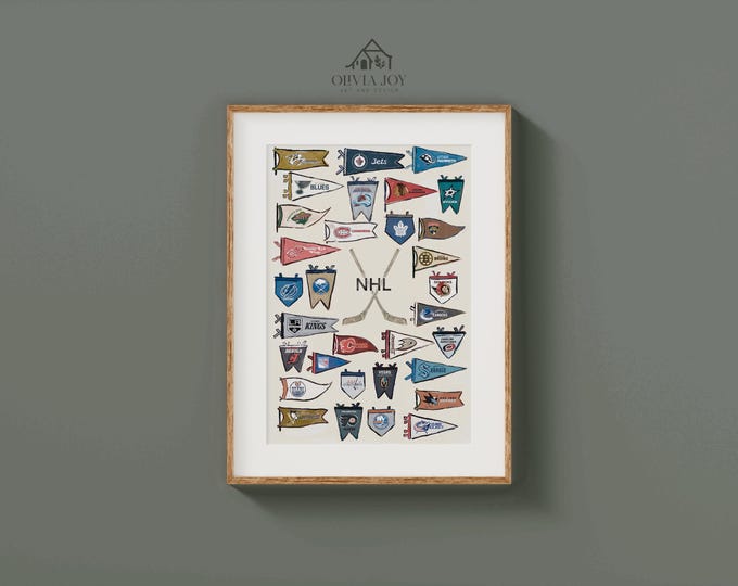 Vintage NHL Hockey Pennant Poster, NHL Team Wall Art, Retro Sports Decor