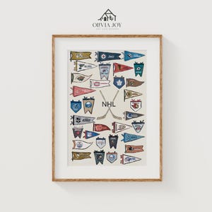 Póster digital vintage de banderines de hockey de la NHL, arte de pared de equipos de la NHL, decoración deportiva retro.