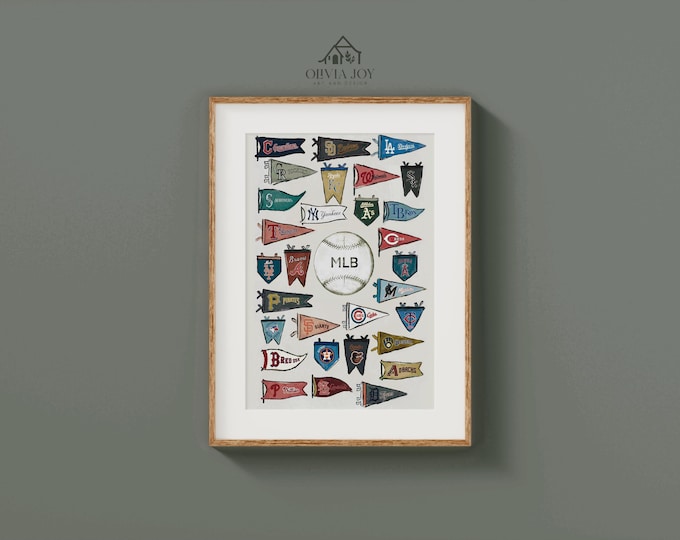 Vintage MLB Baseball Pennant Poster, MLB Team Wall Art, Retro Sports Decor