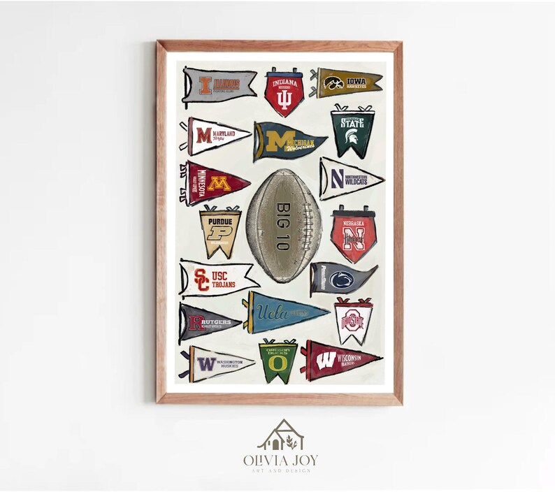 May include: A framed print featuring pennant flags and a football. The flags represent various universities, including Indiana, Iowa, Maryland, Michigan, Minnesota, Purdue, USC Trojans, Rutgers, UCLA, and others. A football with "BIG 10" is in the center. The print is signed "OLIVIA JOY ART AND DESIGN".