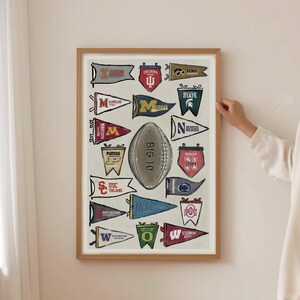 May include: Framed print featuring pennants of various college teams, including Maryland, Minnesota, and Purdue. A football with "BIG 10" printed on it is in the center. The pennants are in various colors, with team logos and names.