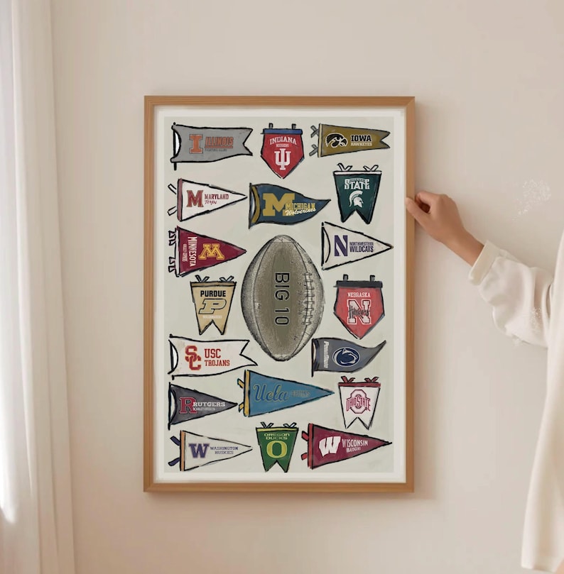 May include: Framed print featuring pennants of various college teams, including Maryland, Minnesota, and Purdue. A football with "BIG 10" printed on it is in the center. The pennants are in various colors, with team logos and names.