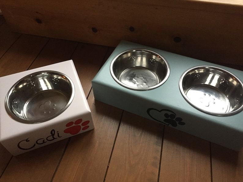 Personalised hand made and hand painted Dog feeders with stainless steel bowls