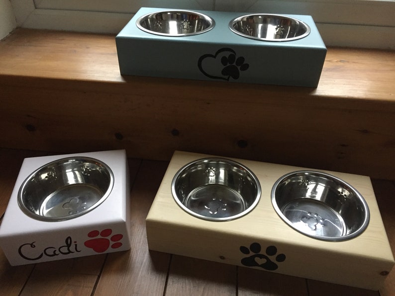 Personalised hand made and hand painted Dog feeders with stainless steel bowls