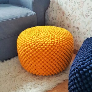 Crochet yellow round pouf /  large wool ottoman / knit floor pillow / nursery pouf