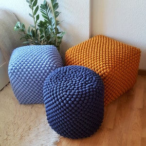 Crochet white/blue/yellow/brown pouf-ottoman / Knitted pouf cover / Crochet footstool image 7