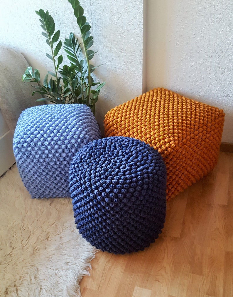 Crochet white/blue/yellow/brown pouf-ottoman / Knitted pouf cover / Crochet footstool image 7