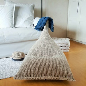 Adult/kids knitted light cream bean bag cover / Large floor pillow cover / Unfilled wool chair image 3