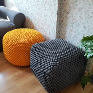 Crochet white/blue/yellow/brown pouf-ottoman / Knitted pouf cover / Crochet footstool image 9