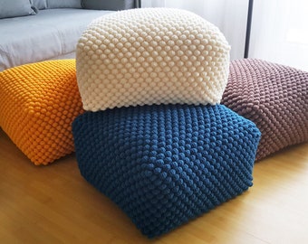 Crochet white/blue/yellow/brown pouf-ottoman / Knitted pouf cover / Crochet footstool