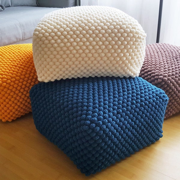 Crochet white/blue/yellow/brown pouf-ottoman / Knitted pouf cover / Crochet footstool