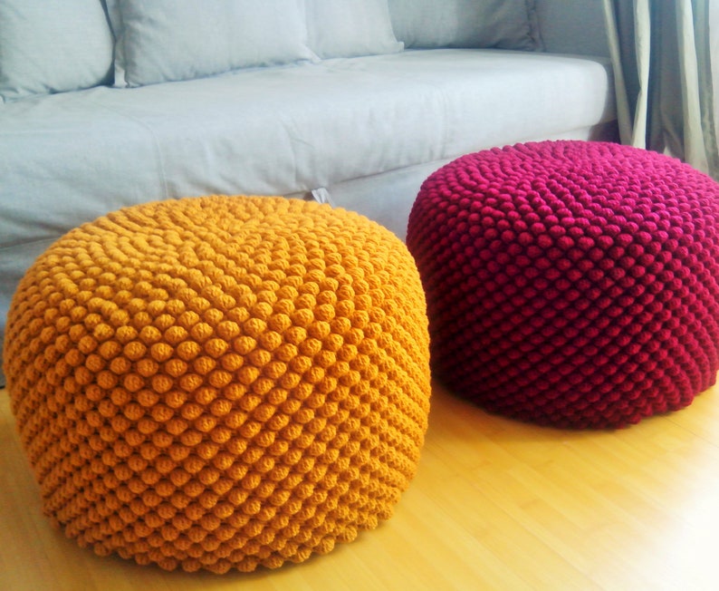 Crochet mustard round stuffed pouf - ottoman / Knit wool footstool / Nursery furniture 