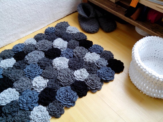 Gehakelter Blumen Teppich Wolle Grau Grau Teppich Stricken Etsy