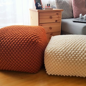 Crochet copper/light cream ottoman, Nursery pouf, Knit pouf ottoman cover, Wool footstool