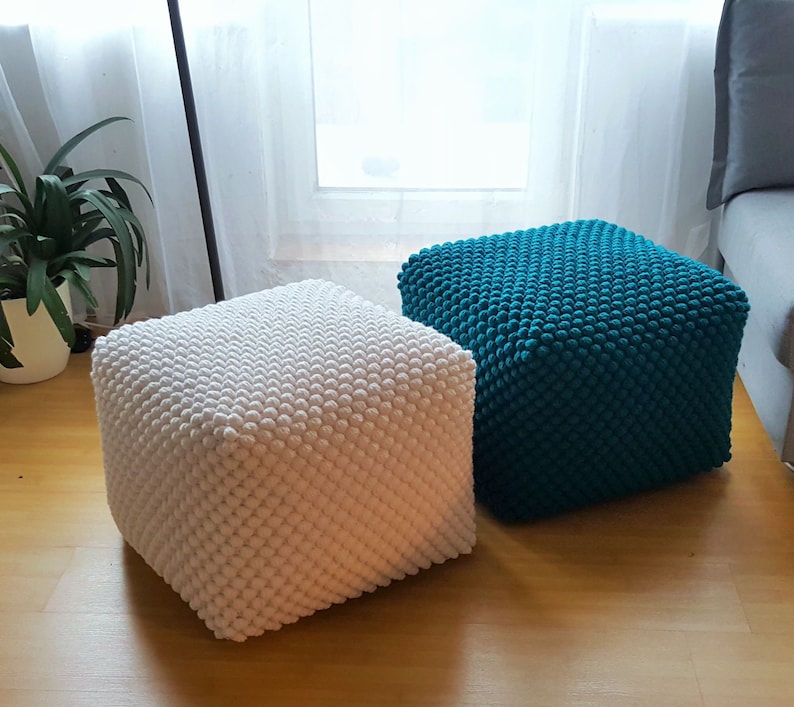 Crochet white/blue/yellow/brown pouf-ottoman / Knitted pouf cover / Crochet footstool image 8