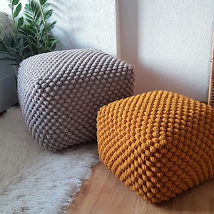 Crochet white/blue/yellow/brown pouf-ottoman / Knitted pouf cover / Crochet footstool image 2