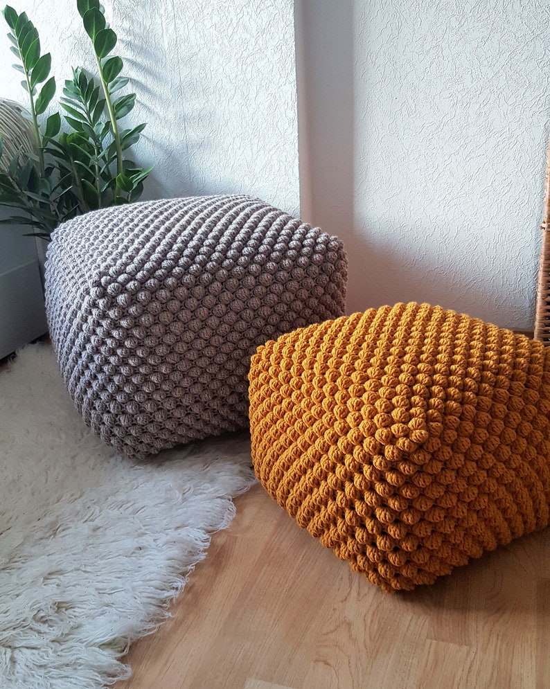 Crochet white/blue/yellow/brown pouf-ottoman / Knitted pouf cover / Crochet footstool image 2