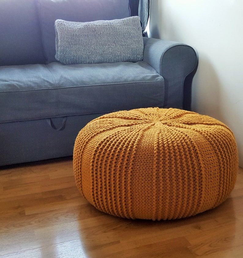 Knitted round mustard floor pillow / Large rope pouf / Giant cushion 