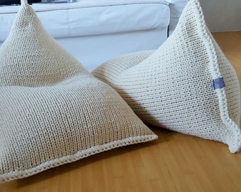 Adult/kids knitted light cream bean bag cover / Large floor pillow cover / Unfilled wool chair