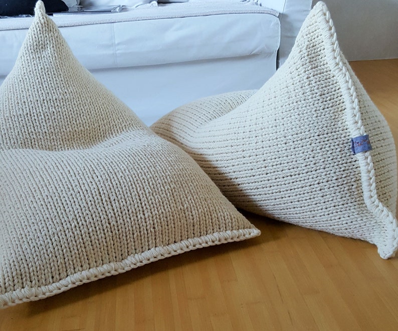 Adult/kids knitted light cream bean bag cover / Large floor pillow cover / Unfilled wool chair image 1