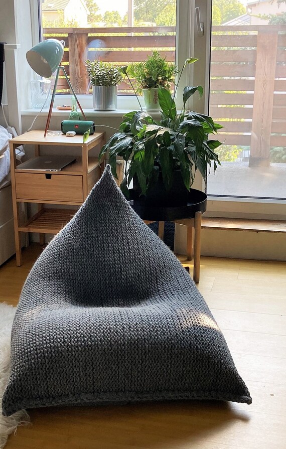 Grijs Gebreide Zitzak Volwassen Zitzak Wollen Stoel Etsy