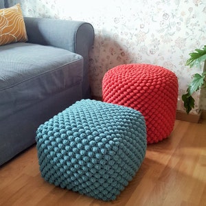 Crochet white/blue/yellow/brown pouf-ottoman / Knitted pouf cover / Crochet footstool image 6