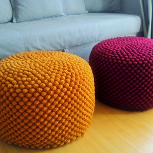 Crochet mustard /cherry round stuffed pouf - ottoman / Knit wool footstool / Nursery furniture