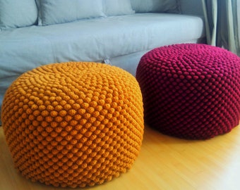 Crochet mustard /cherry round stuffed pouf - ottoman / Knit wool footstool / Nursery furniture