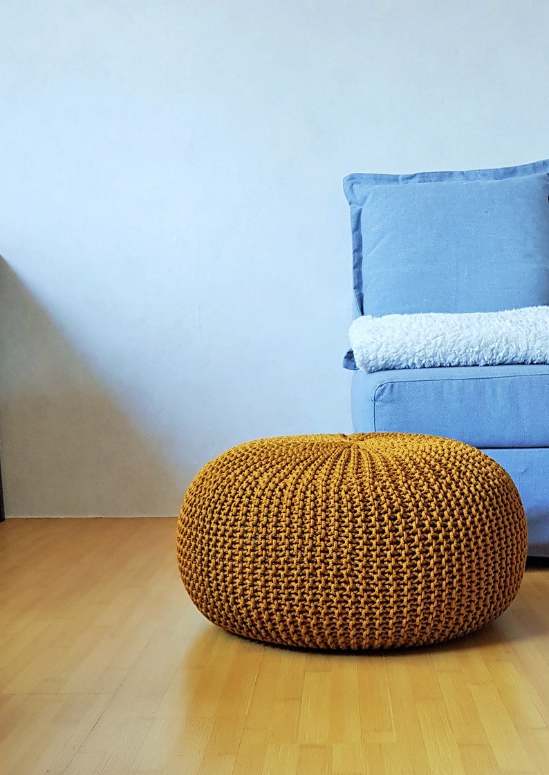 Knitted mustard rope pouf Large ottoman Crochet footstool Nursery bean bag Outdoor ottoman