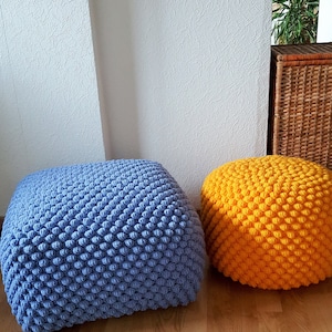 Crochet white/blue/yellow/brown pouf-ottoman / Knitted pouf cover / Crochet footstool image 3