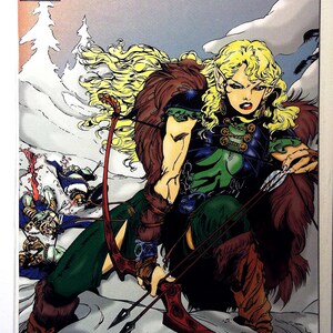 May include: Comic book cover for Legend Lore, Issue 1, featuring a blonde elf with a bow and arrow. The elf is wearing green and brown clothing. The background shows a snowy landscape and figures in battle.