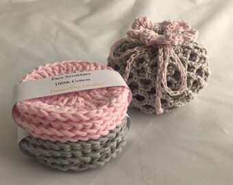 Crochet Face Srubbies and Scrubbies wash bag. Eco-friendly mothers day gift. Cotton face scrubbies.