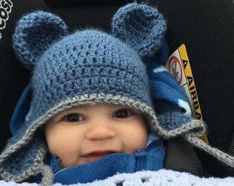 Bonnet bébé ours au crochet. Bonnet bébé avec oreilles. Cadeau de naissance. Bonnet avec cache-oreilles. Bonnet pour enfant.