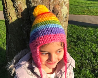 Baby crochet Rainbow hat. Kids earflap hat. Childrens bobble hat.