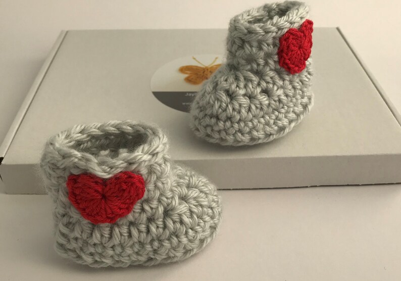 Red Heart Crochet Baby Booties. Valentines Baby Gift. Grey Etsy UK