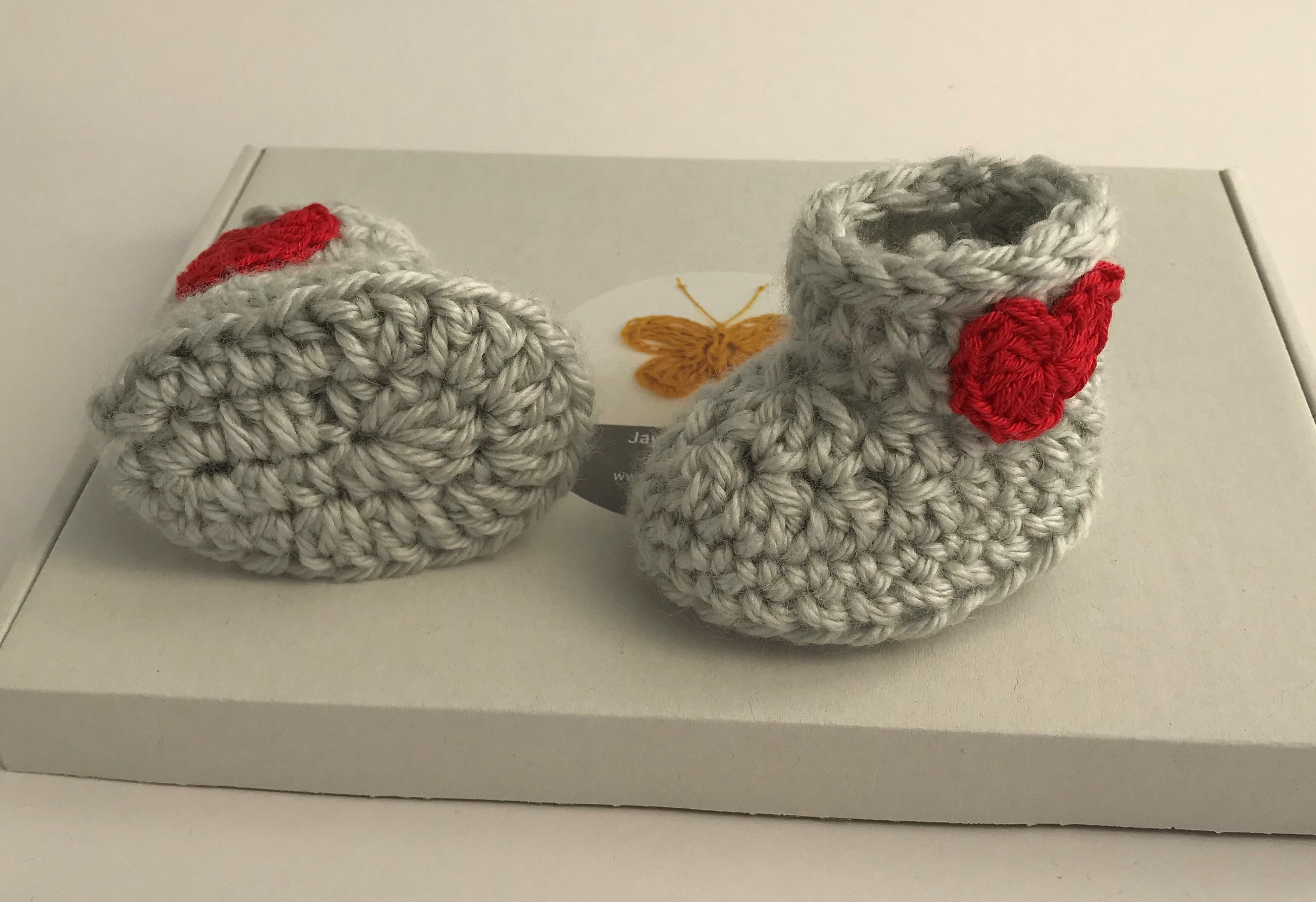Red Heart Crochet Baby Booties. Valentines Baby Gift. Grey Etsy UK