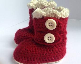 Red Crochet Baby Booties: Button Strap, Acrylic Snow Boots