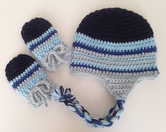 Baby Boy Blue Hat and Mittens set. Crochet baby ear flap hat. Christmas gift for Baby Boy.