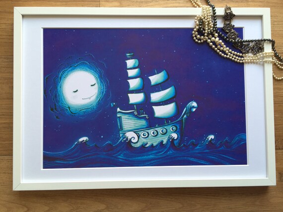 Moonlit Pirate Ship A3 Print For Children S Bedroom Or Nursery Suitable For Boy Or Girl