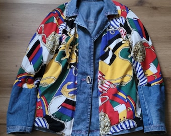 Moschino print Upcycled Double‑Face Jacket – Denim & Vintage Scarf Print Coat, Unique Handmade Statement Jacket, Luxury Boho