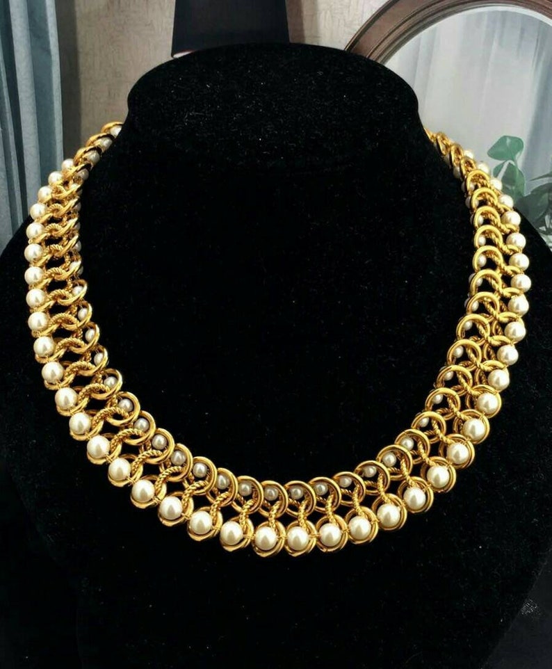 Exquisite Napier Faux Pearl Necklace Choker Collar Couture Designer Chunky Gold Tone Mogul Statement 16 SUPER RARE Vintage 80s Click 2 See image 10