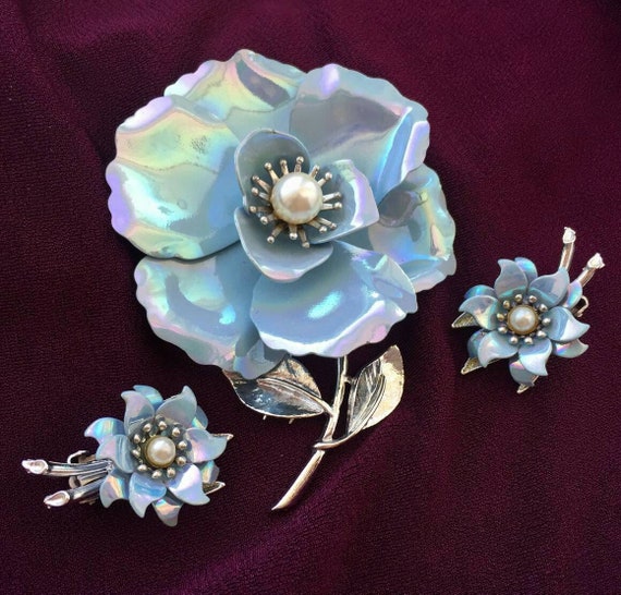 Coro enamel Earrings Brooch Set blue flower flora… - image 1